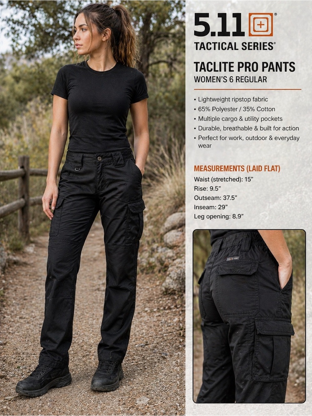 5.11 Tactical Series Taclite Pro Pants Black Ripstop Cargo Women’s 6 Regular